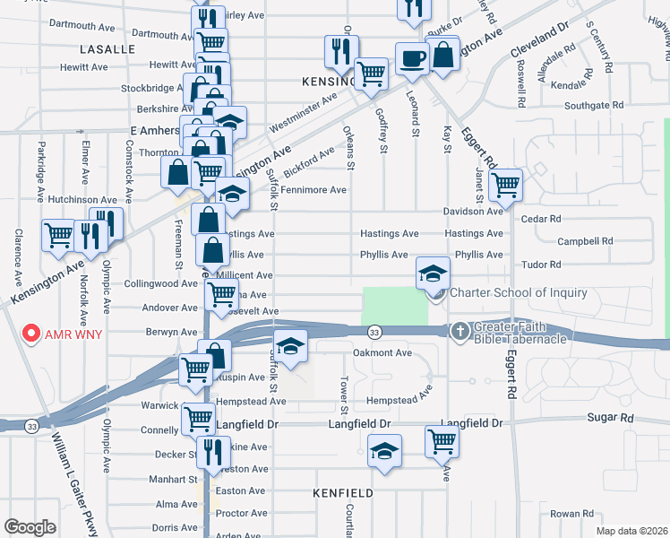 map of restaurants, bars, coffee shops, grocery stores, and more near 174 Phyllis Avenue in Buffalo