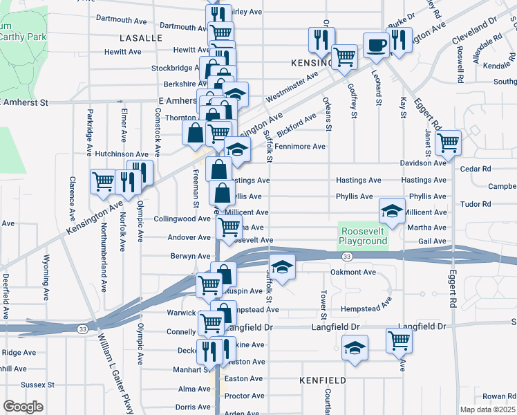 map of restaurants, bars, coffee shops, grocery stores, and more near 60 Phyllis Avenue in Buffalo
