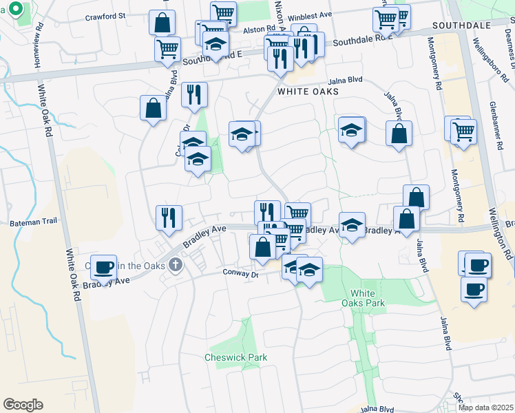 map of restaurants, bars, coffee shops, grocery stores, and more near 75 Pauline Crescent in London