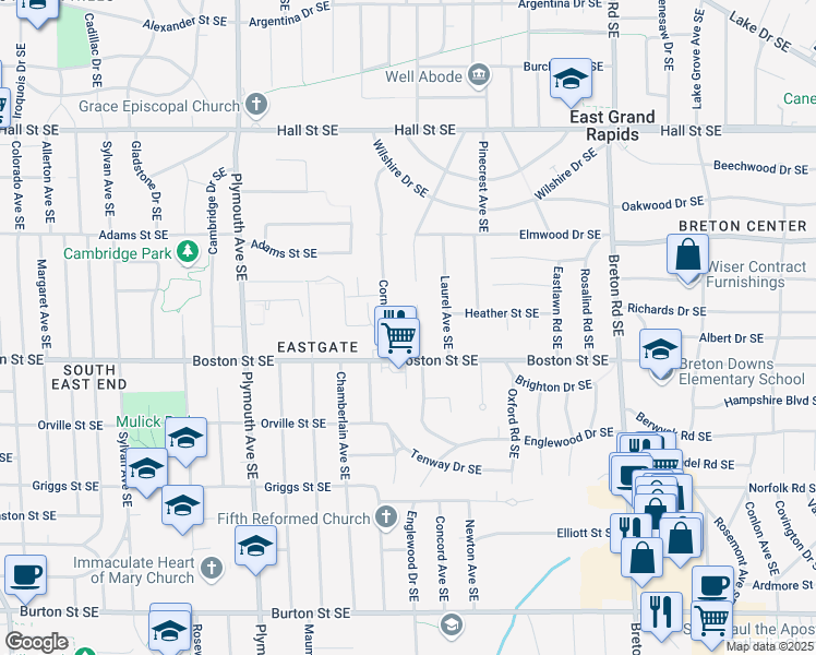 map of restaurants, bars, coffee shops, grocery stores, and more near 1506 Cornell Drive Southeast in Grand Rapids