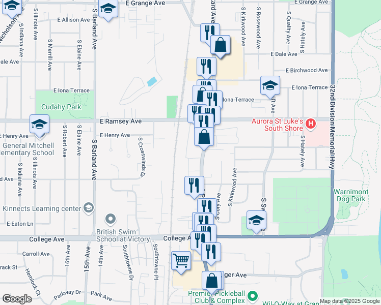 map of restaurants, bars, coffee shops, grocery stores, and more near 5965 South Kingan Avenue in Cudahy