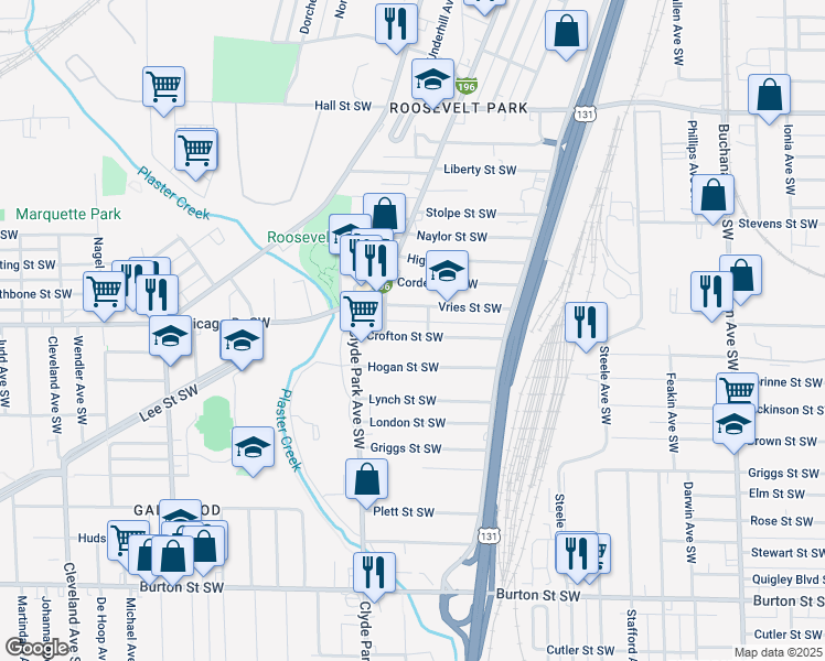map of restaurants, bars, coffee shops, grocery stores, and more near 715 Crofton Street Southwest in Grand Rapids