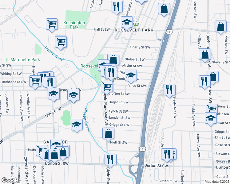 map of restaurants, bars, coffee shops, grocery stores, and more near 735 Crofton Street Southwest in Grand Rapids
