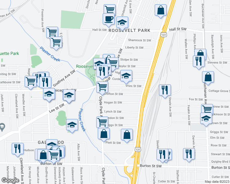 map of restaurants, bars, coffee shops, grocery stores, and more near 719 Crofton Street Southwest in Grand Rapids