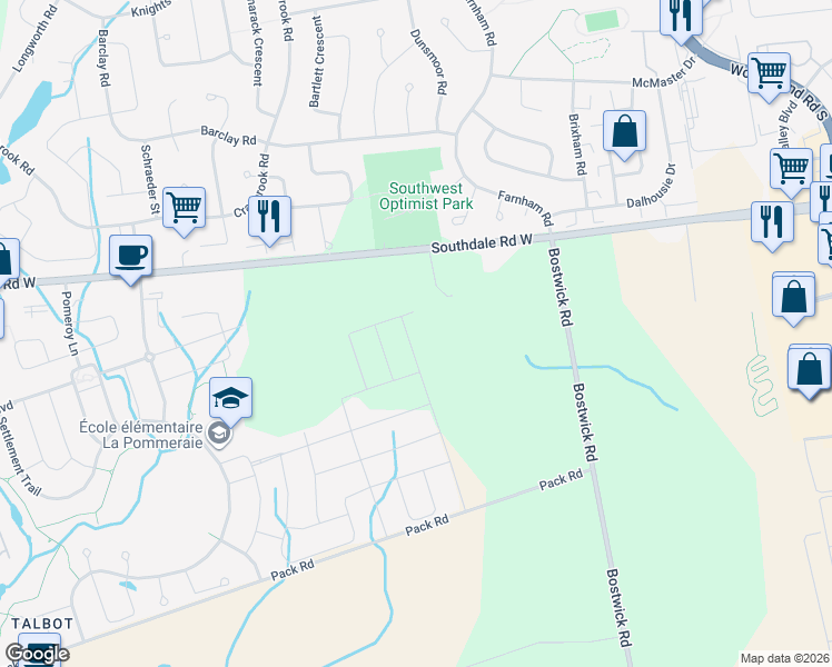 map of restaurants, bars, coffee shops, grocery stores, and more near 3095 Bostwick Road in London