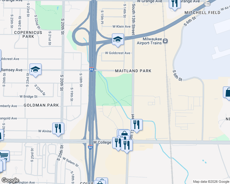 map of restaurants, bars, coffee shops, grocery stores, and more near 6001 South 13th Street in Milwaukee