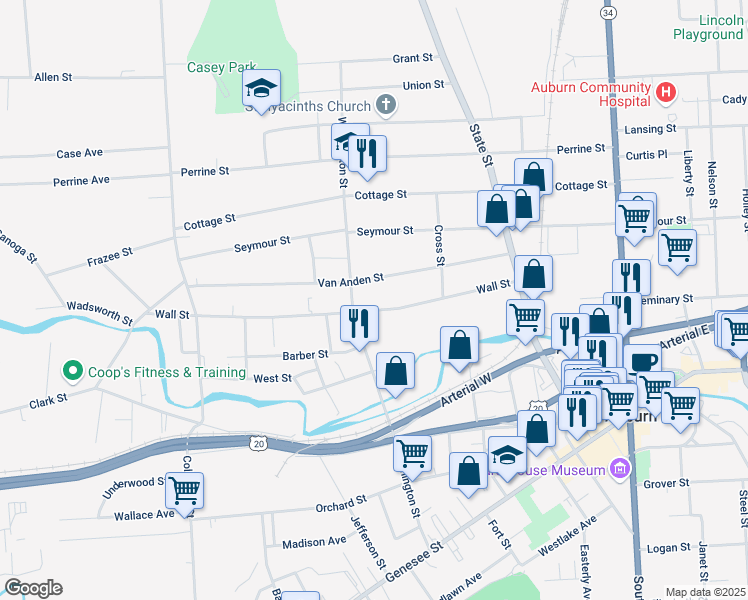 map of restaurants, bars, coffee shops, grocery stores, and more near 118 Van Anden Street in Auburn