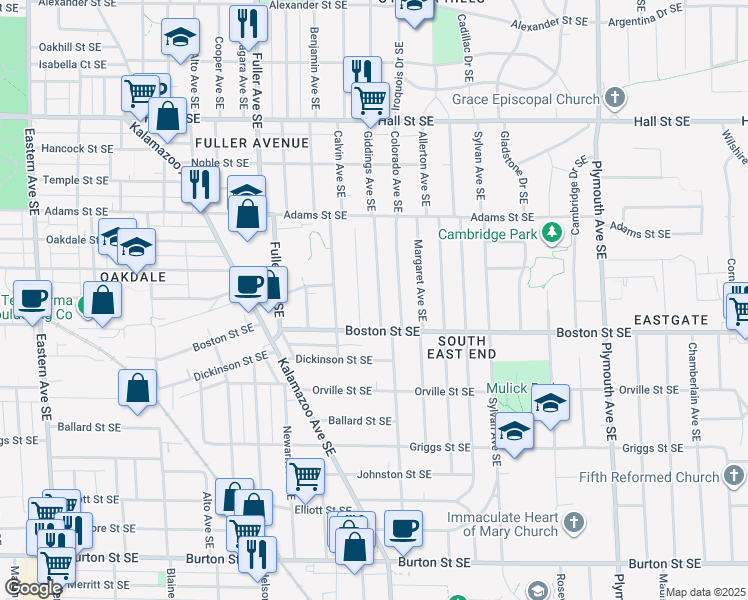 map of restaurants, bars, coffee shops, grocery stores, and more near 1531 Giddings Avenue Southeast in Grand Rapids