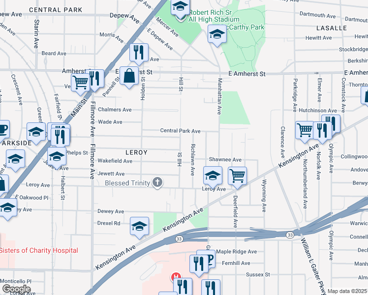 map of restaurants, bars, coffee shops, grocery stores, and more near 114 Richlawn Avenue in Buffalo