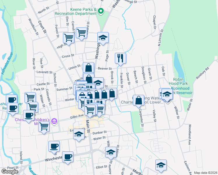 map of restaurants, bars, coffee shops, grocery stores, and more near 20 Brook Street in Keene