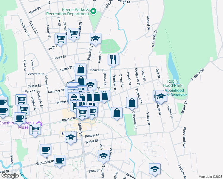 map of restaurants, bars, coffee shops, grocery stores, and more near 43 Franklin Street in Keene