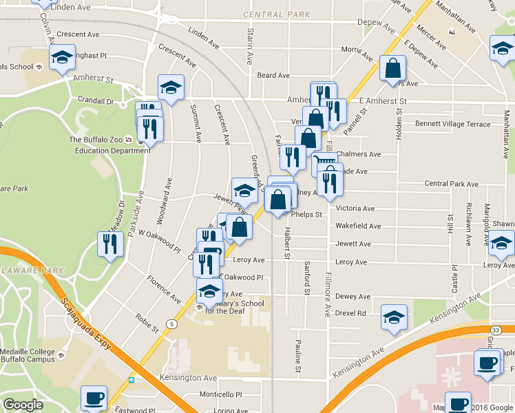 map of restaurants, bars, coffee shops, grocery stores, and more near 2474 Main Street in Buffalo