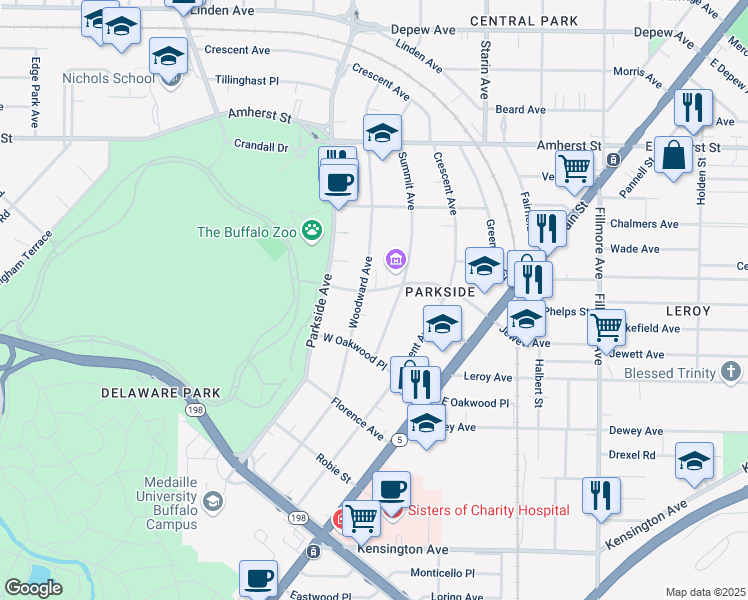 map of restaurants, bars, coffee shops, grocery stores, and more near 147 Jewett Parkway in Buffalo