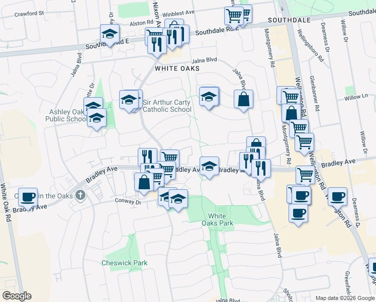 map of restaurants, bars, coffee shops, grocery stores, and more near 114 Patience Crescent in London