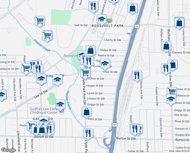 map of restaurants, bars, coffee shops, grocery stores, and more near 718 Vries Street Southwest in Grand Rapids