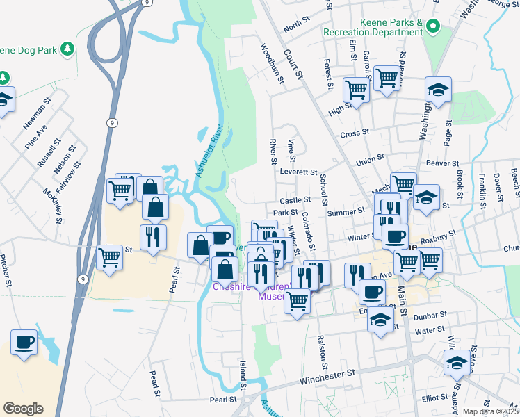 map of restaurants, bars, coffee shops, grocery stores, and more near 104 Castle Street in Keene