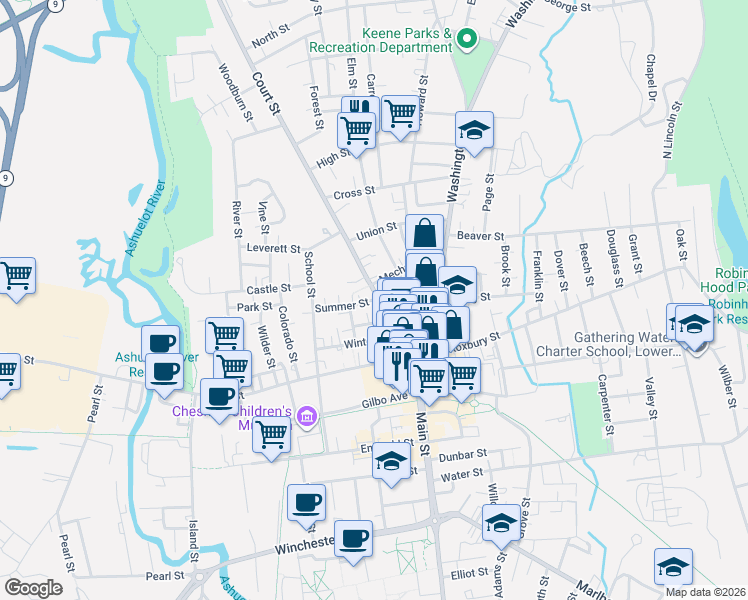 map of restaurants, bars, coffee shops, grocery stores, and more near 70 Court Street in Keene