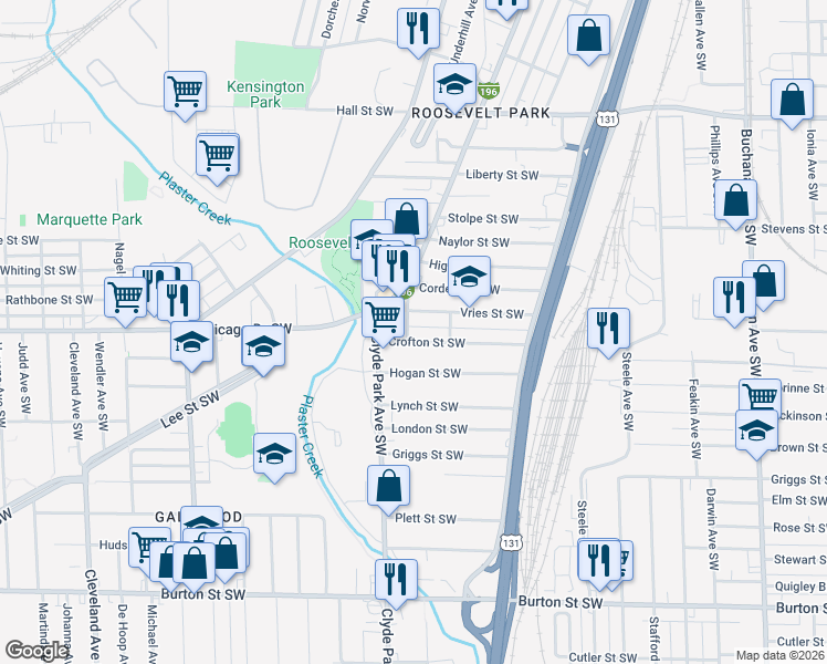 map of restaurants, bars, coffee shops, grocery stores, and more near 735 Crofton Street Southwest in Grand Rapids
