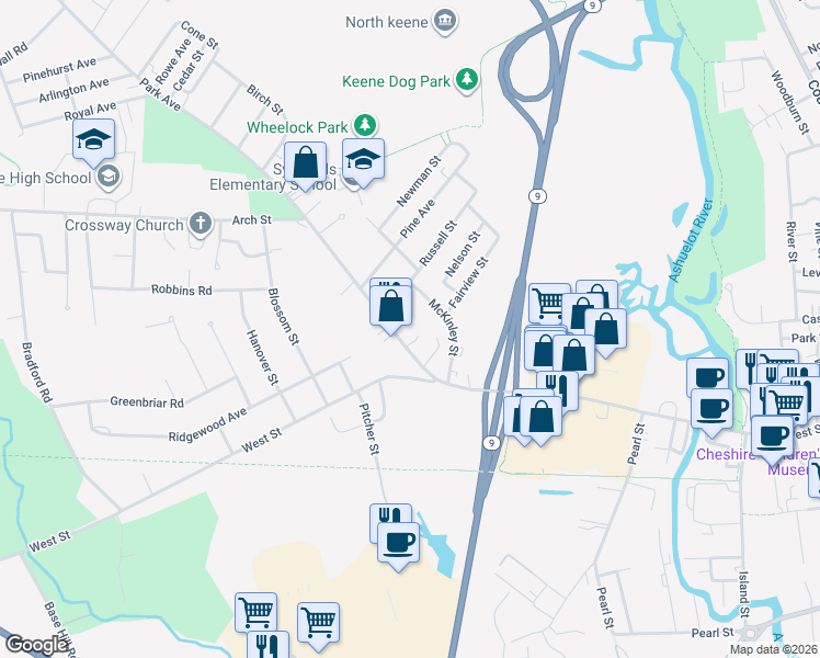 map of restaurants, bars, coffee shops, grocery stores, and more near 33 Park Avenue in Keene