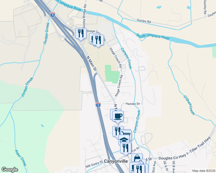 map of restaurants, bars, coffee shops, grocery stores, and more near 160 Northeast Long Street in Canyonville