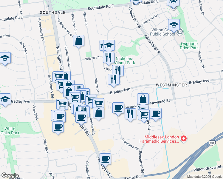 map of restaurants, bars, coffee shops, grocery stores, and more near 52 Breckenridge Crescent in London