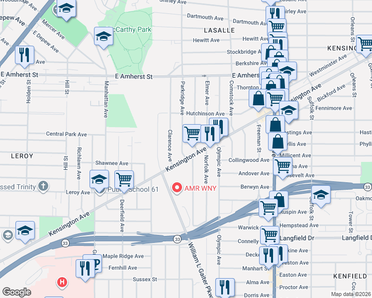 map of restaurants, bars, coffee shops, grocery stores, and more near 57 Clarence Avenue in Buffalo