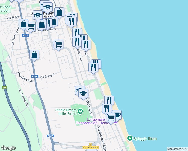map of restaurants, bars, coffee shops, grocery stores, and more near 74 Viale Guglielmo Marconi in San Benedetto del Tronto