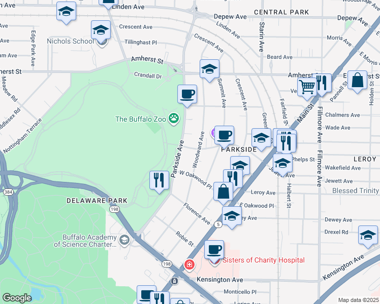 map of restaurants, bars, coffee shops, grocery stores, and more near 178 Jewett Parkway in Buffalo