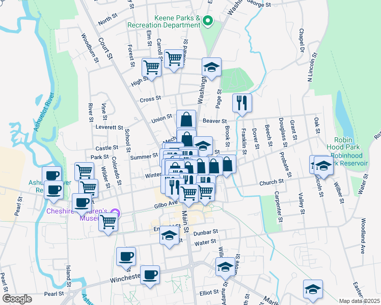 map of restaurants, bars, coffee shops, grocery stores, and more near 64 Washington Street in Keene