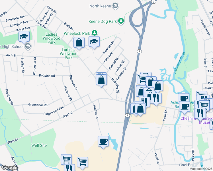map of restaurants, bars, coffee shops, grocery stores, and more near 33 Park Avenue in Keene