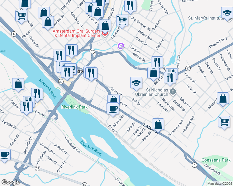 map of restaurants, bars, coffee shops, grocery stores, and more near 76 Grove Street in Amsterdam