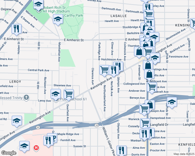 map of restaurants, bars, coffee shops, grocery stores, and more near 57 Clarence Avenue in Buffalo