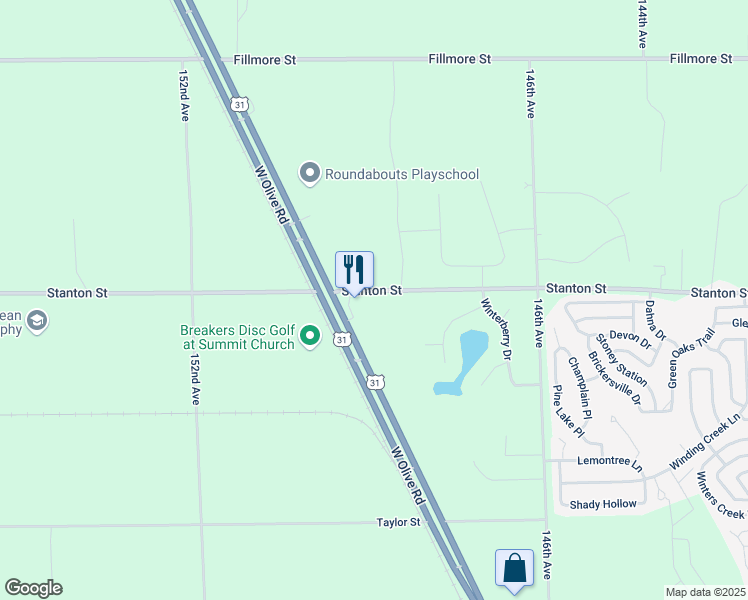 map of restaurants, bars, coffee shops, grocery stores, and more near 9257 Shoreway Drive in West Olive