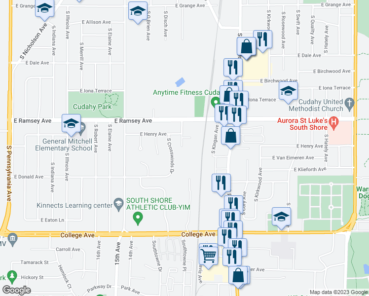 map of restaurants, bars, coffee shops, grocery stores, and more near 3365 East Henry Avenue in Cudahy