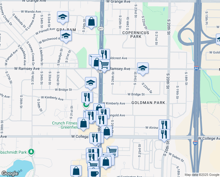 map of restaurants, bars, coffee shops, grocery stores, and more near 6013 South 26th Street in Milwaukee