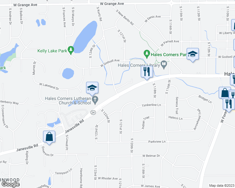 map of restaurants, bars, coffee shops, grocery stores, and more near 5996 South Kurtz Road in Hales Corners