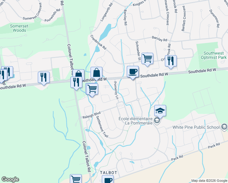 map of restaurants, bars, coffee shops, grocery stores, and more near 3079 Pomeroy Lane in London