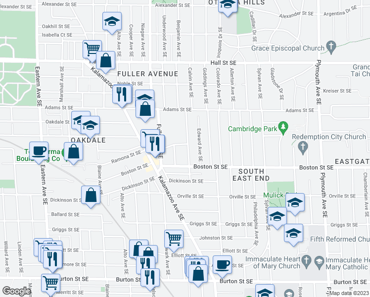 map of restaurants, bars, coffee shops, grocery stores, and more near 1507 Calvin Avenue Southeast in Grand Rapids