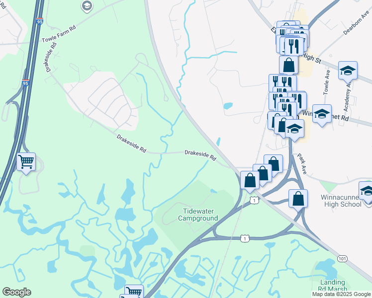 map of restaurants, bars, coffee shops, grocery stores, and more near 95 Drakeside Road in Hampton