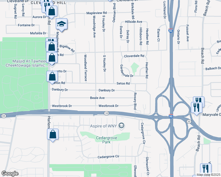 map of restaurants, bars, coffee shops, grocery stores, and more near 183 Seton Road in Cheektowaga