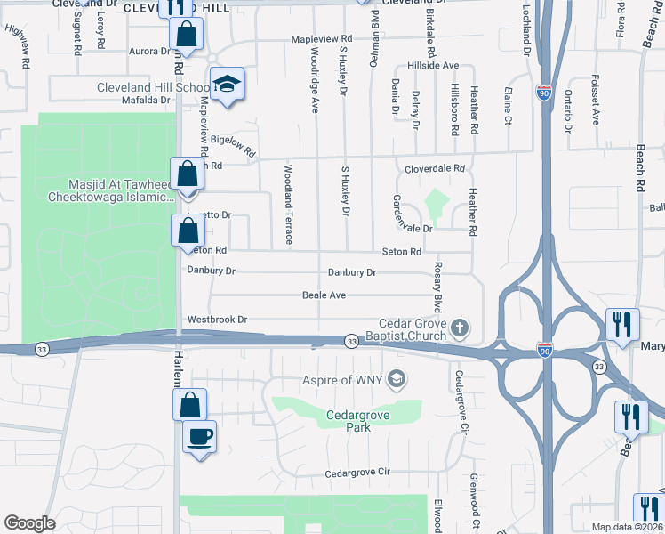 map of restaurants, bars, coffee shops, grocery stores, and more near 147 Seton Road in Cheektowaga