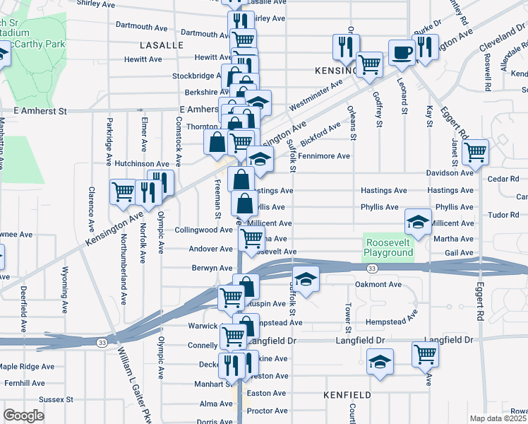 map of restaurants, bars, coffee shops, grocery stores, and more near 60 Phyllis Avenue in Buffalo