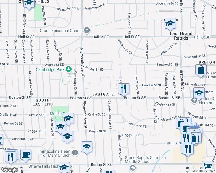 map of restaurants, bars, coffee shops, grocery stores, and more near 1860 Evergreen Street Southeast in Grand Rapids