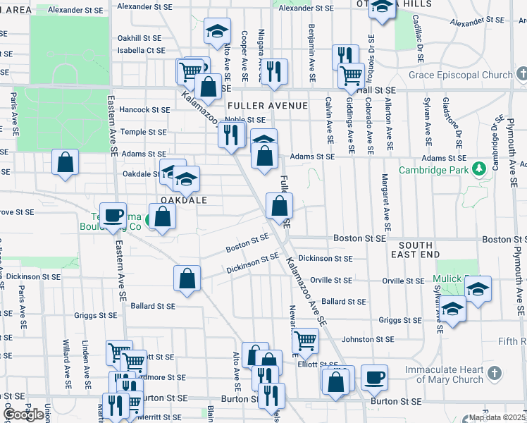 map of restaurants, bars, coffee shops, grocery stores, and more near 1500 Kalamazoo Avenue Southeast in Grand Rapids