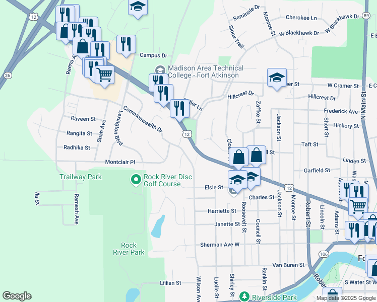 map of restaurants, bars, coffee shops, grocery stores, and more near 1230 Commonwealth Drive in Fort Atkinson