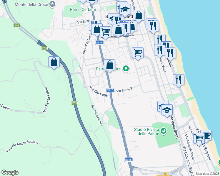 map of restaurants, bars, coffee shops, grocery stores, and more near 71 Via della Liberazione in San Benedetto del Tronto