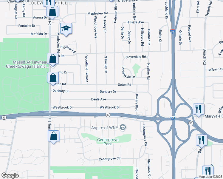 map of restaurants, bars, coffee shops, grocery stores, and more near 183 Seton Road in Cheektowaga