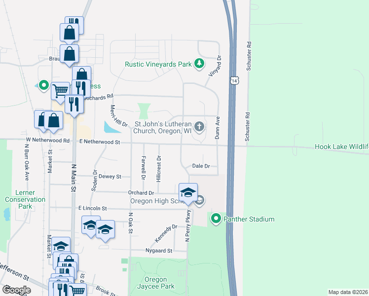 map of restaurants, bars, coffee shops, grocery stores, and more near 715 North Perry Parkway in Oregon