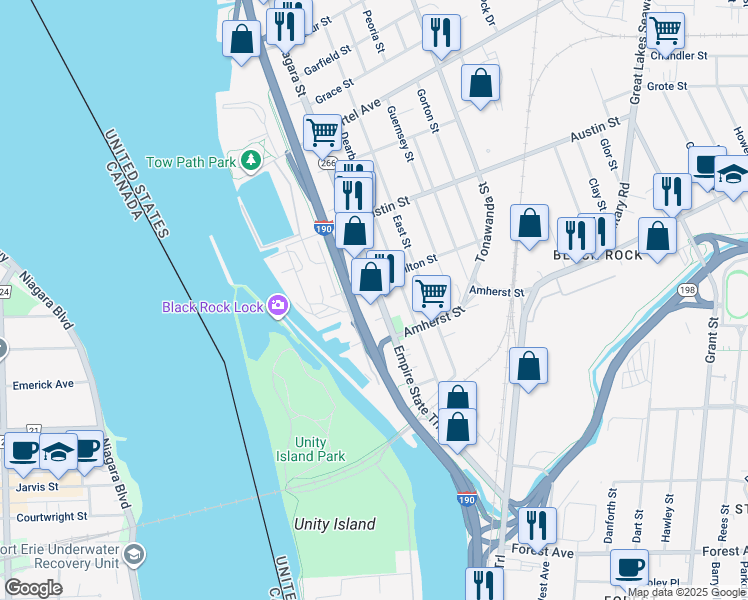 map of restaurants, bars, coffee shops, grocery stores, and more near 1902 Niagara Street in Buffalo