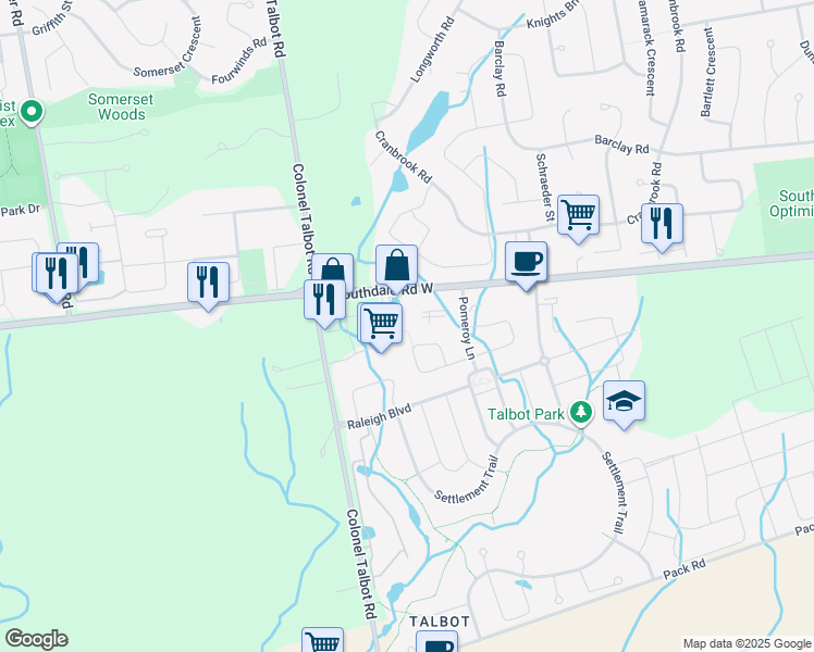 map of restaurants, bars, coffee shops, grocery stores, and more near 7 Galbraith Ct in London